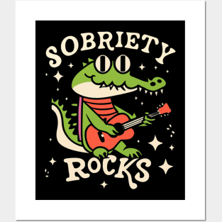 Sobriety Rocks Retro Crocodile With Guitar Posters and Art